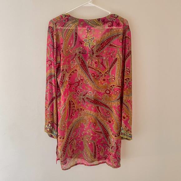Raj 100% Silk Boho Paisley Tunic Top Beaded Pink Sheer Festival Kaftan Cover Up - Picture 2 of 10